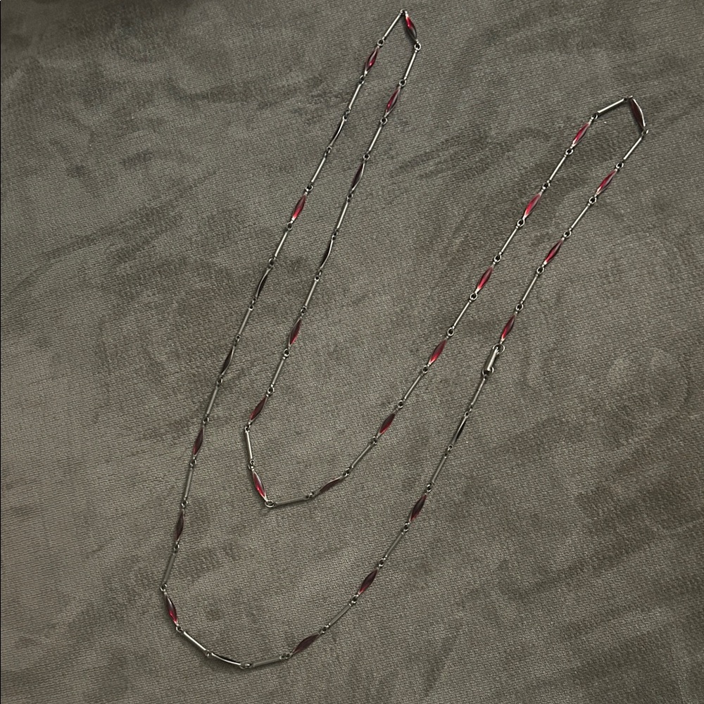Vintage 80s Silver Tone & Red Enamel Bar Link Station Necklace